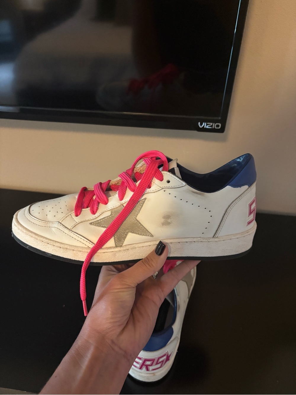 Golden Goose White Sneakers with Pink Laces and Blue Heel - Picture 6 of 6